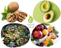Witte ondergrond met 4 wolklijsten met afbeeelding avocado, olijven walnoot en fruit, perzik, kers, perzik abrikoos