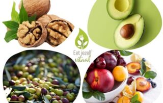 Witte ondergrond met 4 wolklijsten met afbeeelding avocado, olijven walnoot en fruit, perzik, kers, perzik abrikoos